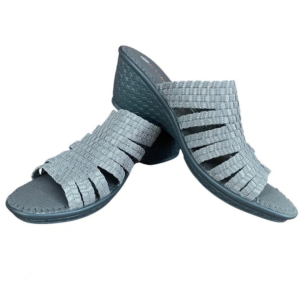 NEW Bernie Mev Kent Wedge Sandals Silver‎ Grey Woven Elastic Comfort US 9 EU 40